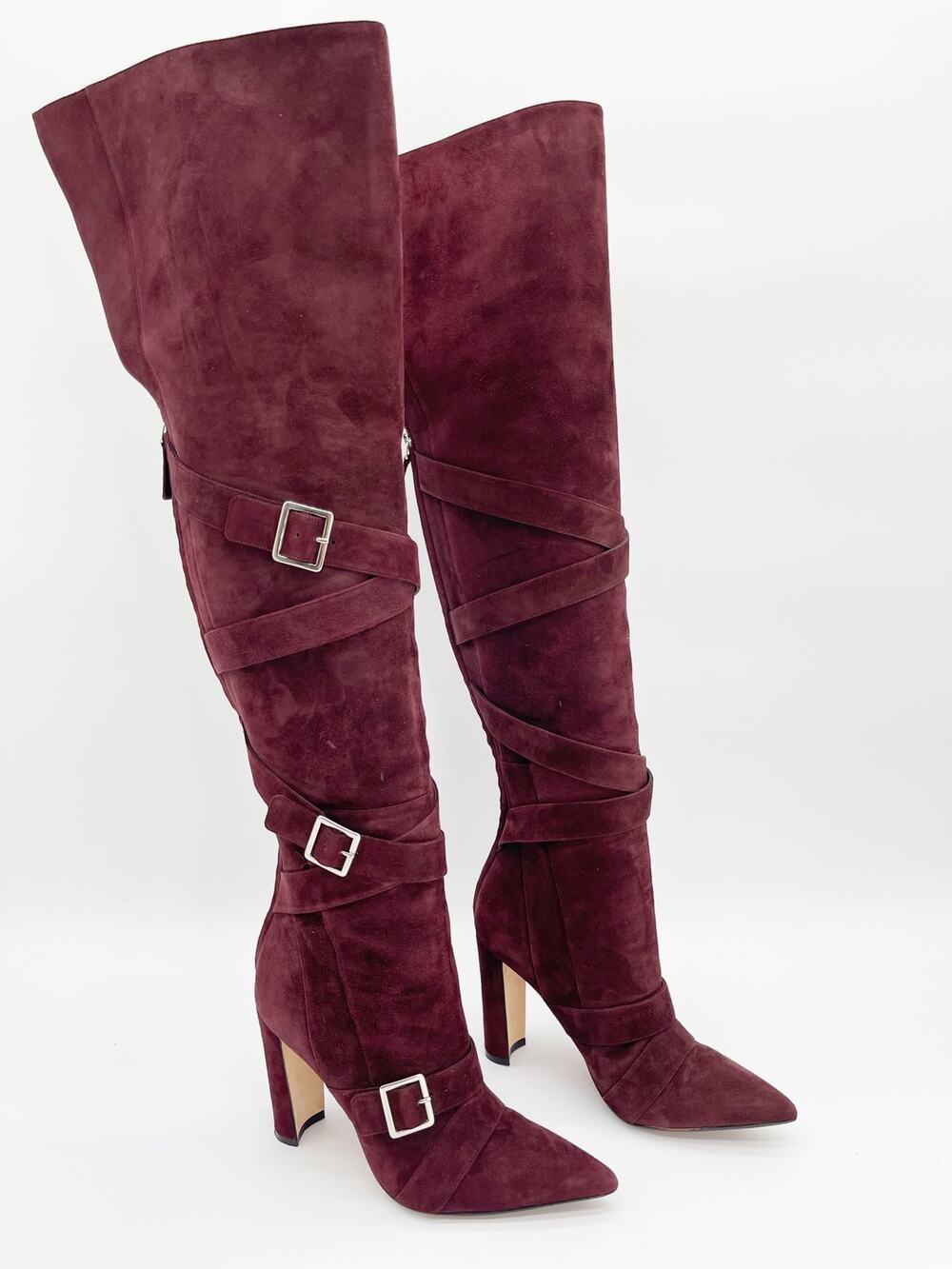 Manolo Blahnik Josimhi Burgundy Suede Buckle Strap Pointed Toe OTK Boots IT 37.5